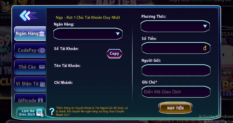 Phương thức nạp tiền qua tài khoản ngân hàng