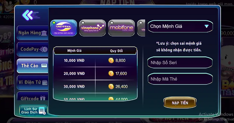 Phương thức nạp tiền qua thẻ cào