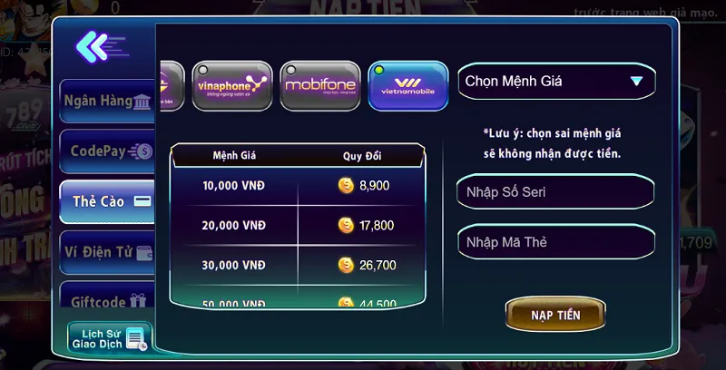 Nạp tiền 789Club bằng thẻ cào Vietnamobile
