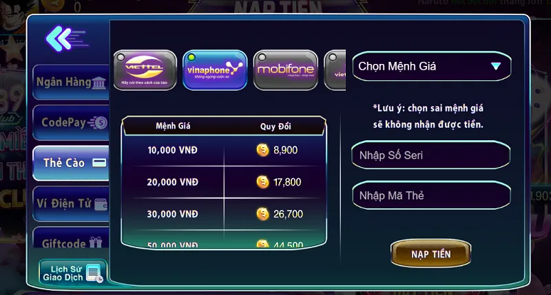 Nạp tiền 789Club bằng card Vinaphone