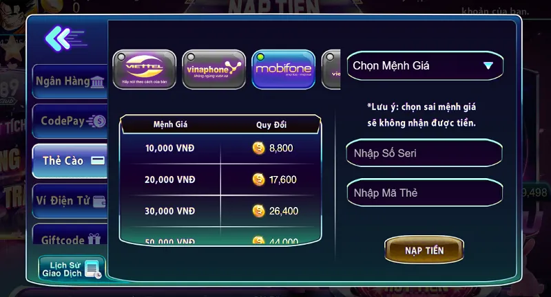 Thực hiện nạp tiền 789Club bằng thẻ cào Mobifone đơn giản