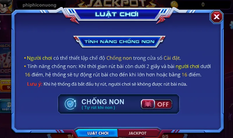 Tính năng chống non trong game Xì dách Spiderman